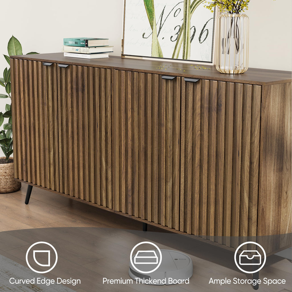 63" Fluted Sideboard Cabinet, Freestanding Walnut Buffet Cabinet with Adjustable Shelf, Wood Storage Cabinet