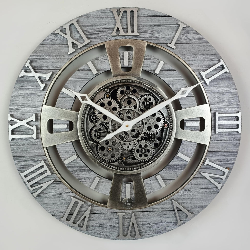 Real Moving Gear Wall Clock England Line (Silver Grey, 24 inches (60 cm))