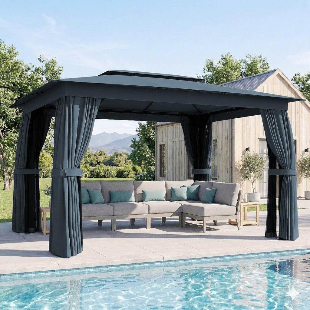 10' x 12' Outdoor Patio Gazebo, Heavy Duty Gazebo Canopy Shelter with Double Roof, Curtains, Netting, Steel Frame