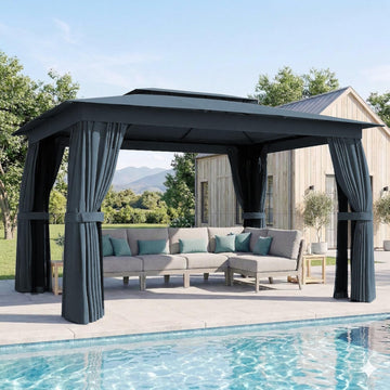 10' x 12' Outdoor Patio Gazebo, Heavy Duty Gazebo Canopy Shelter with Double Roof, Curtains, Netting, Steel Frame