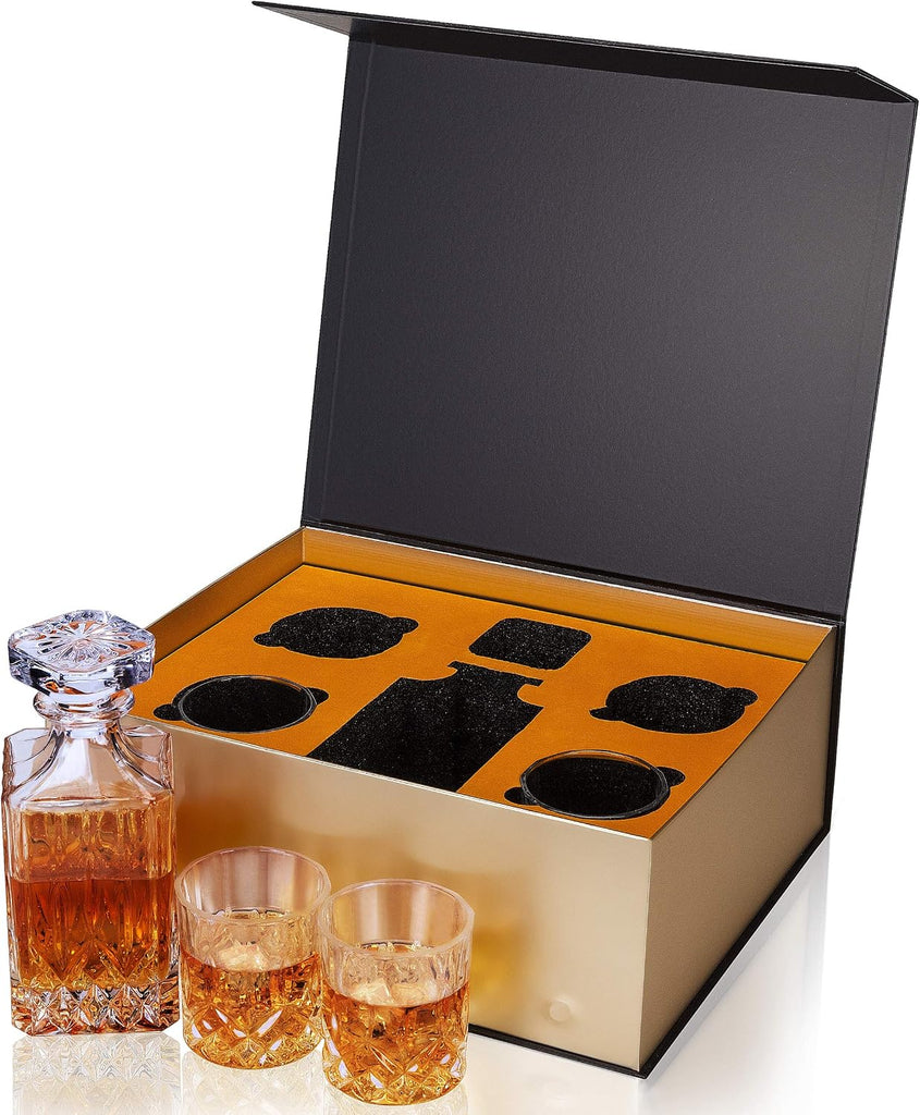 Whiskey Decanter And Glasses Set in Unique Gift Box - Original Crystal Liquor Decanter Set For Bourbon, Scotch - Set of 5