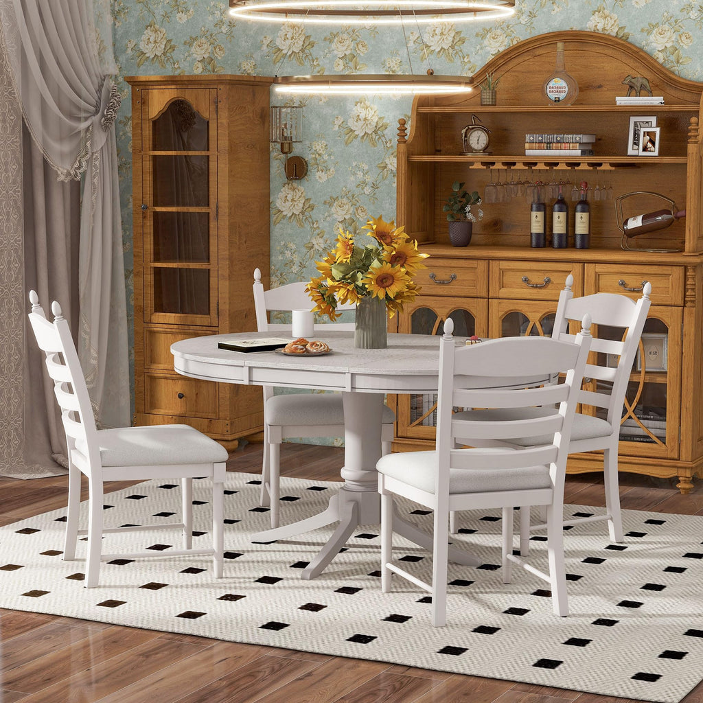 5 Piece Extendable Dining Table Set for 4, 4 Slat Back Solid Wood Dining ChairSet, 58"-42" Folding Oval Round Dining