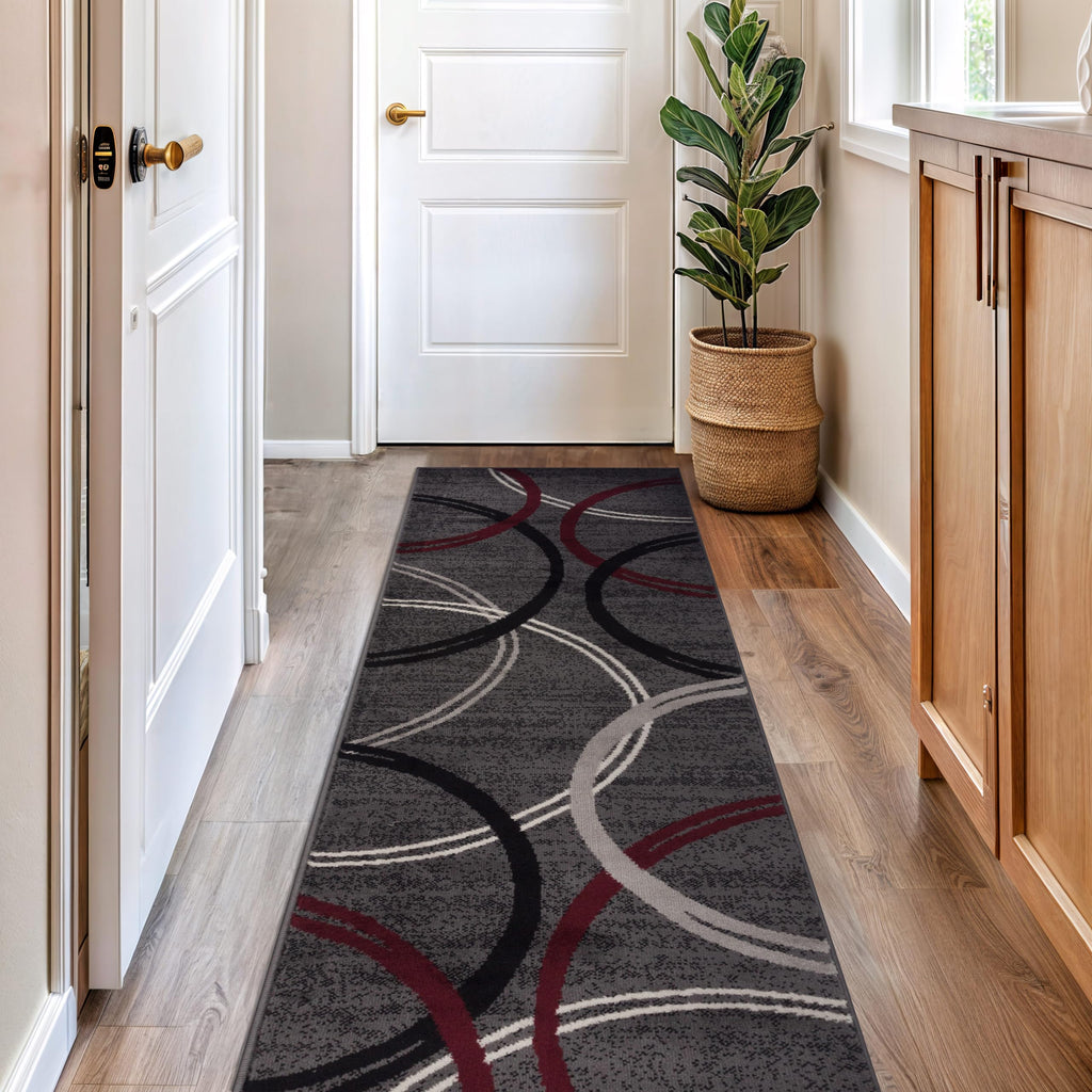 Wavy Circles Modern Non-Shedding Runner Rug Red 2'7" x 8'