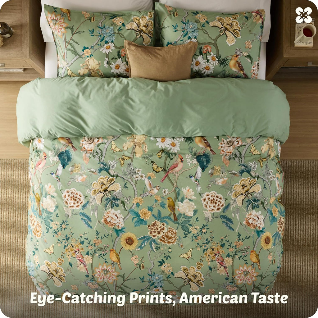 Floral Duvet Cover Queen - 100% Cotton Reversible Flowers and Birds Pattern Duvet Cover Set, 3 Pieces Soft &