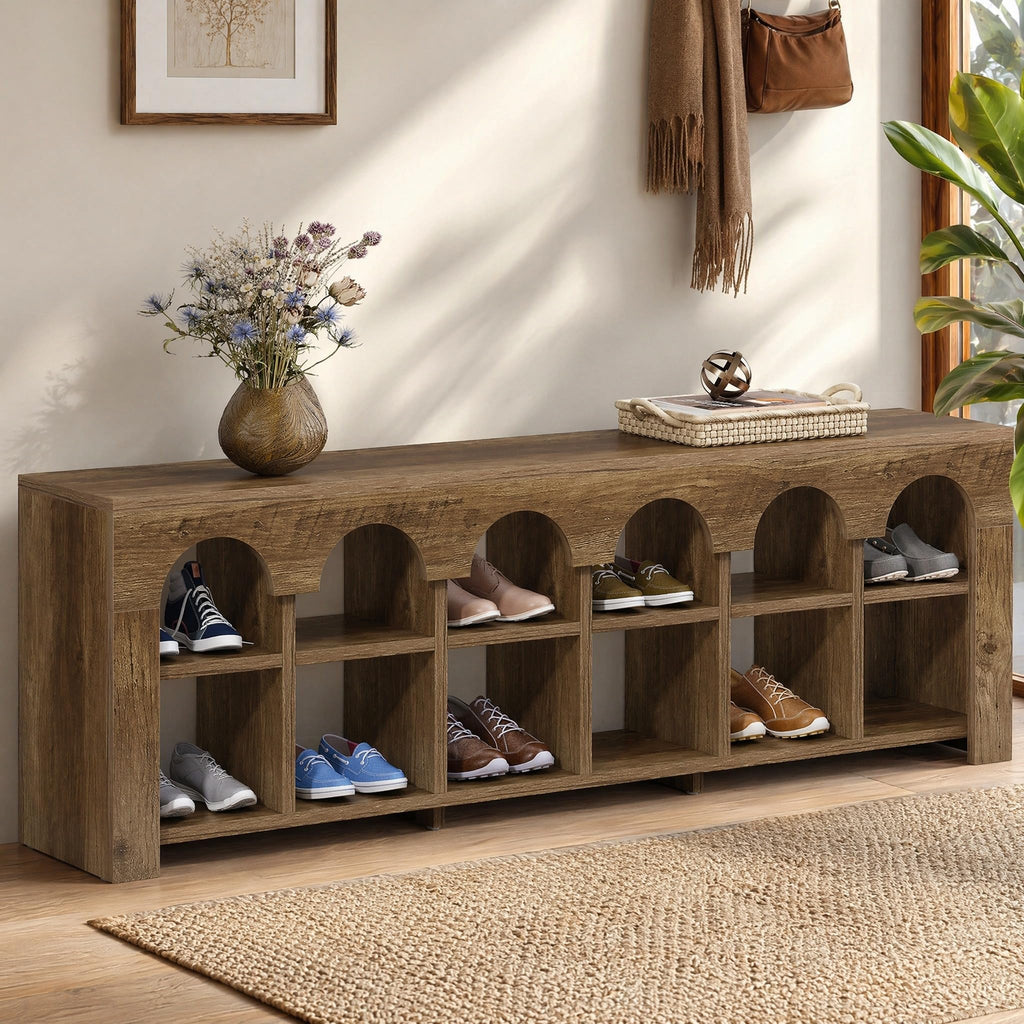 63" Entryway Bench with Shoe Storage, Farmhouse Bench with 12 Cubbies
