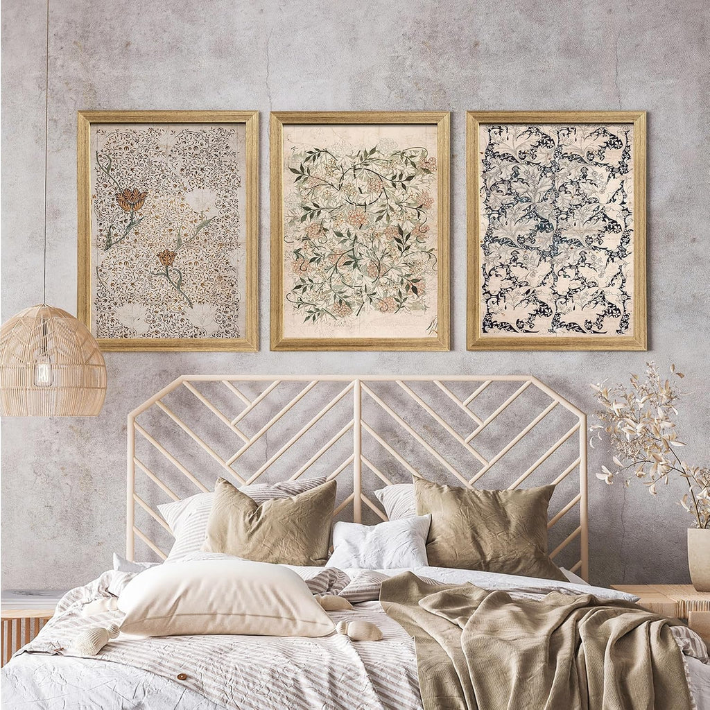 Vintage Floral Canvas Wall Art Set of 3, Retro Botanical Flower Prints with Wood Frame, William Morris Decor Bedroom