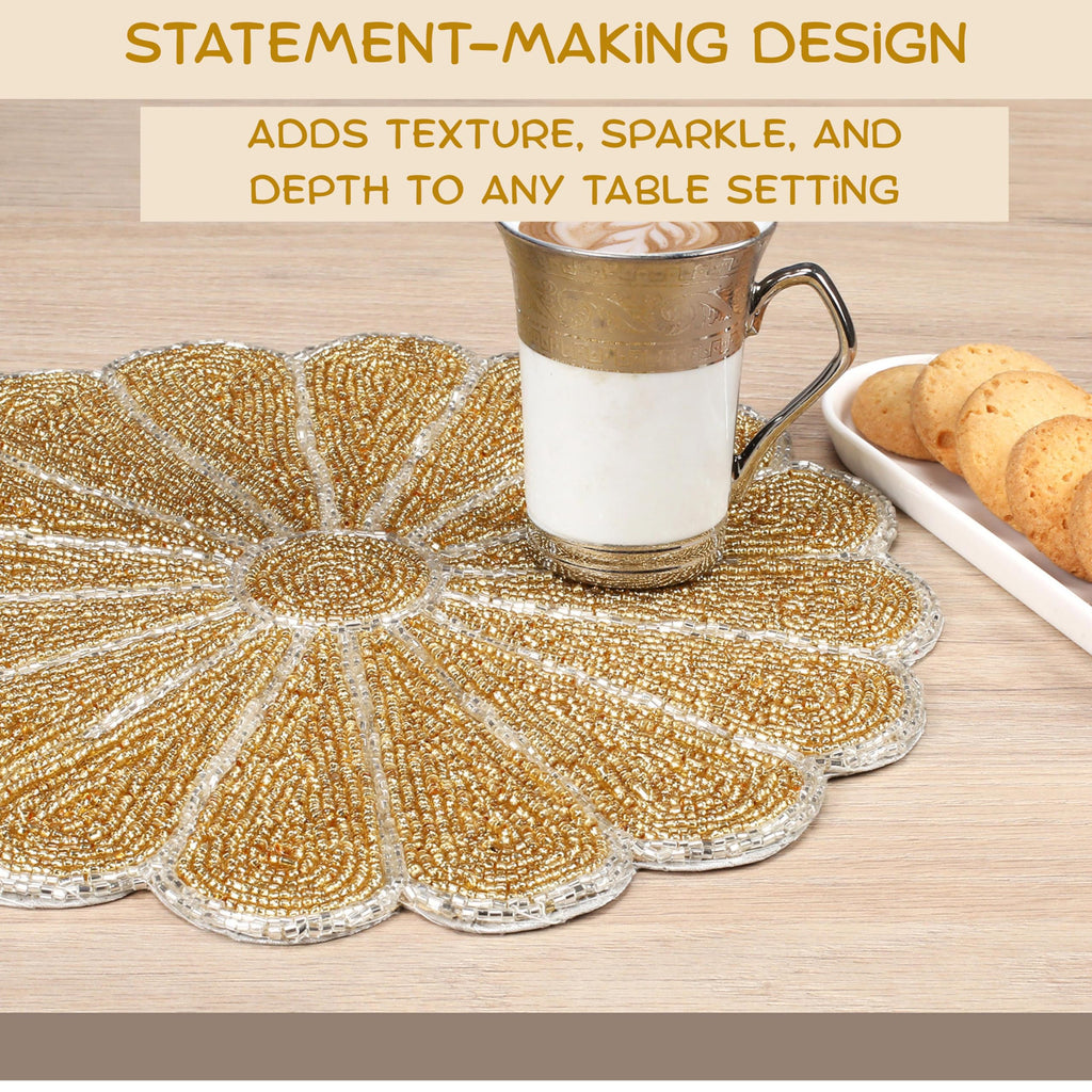 2-Pack Round Placemats, Glass Beads, Gold Silver, 13 Inch