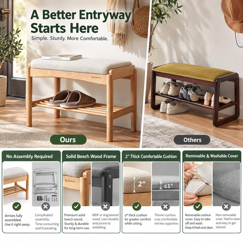 Solid Wood Shoe Bench with Light Gray Cushion for Small Entryways