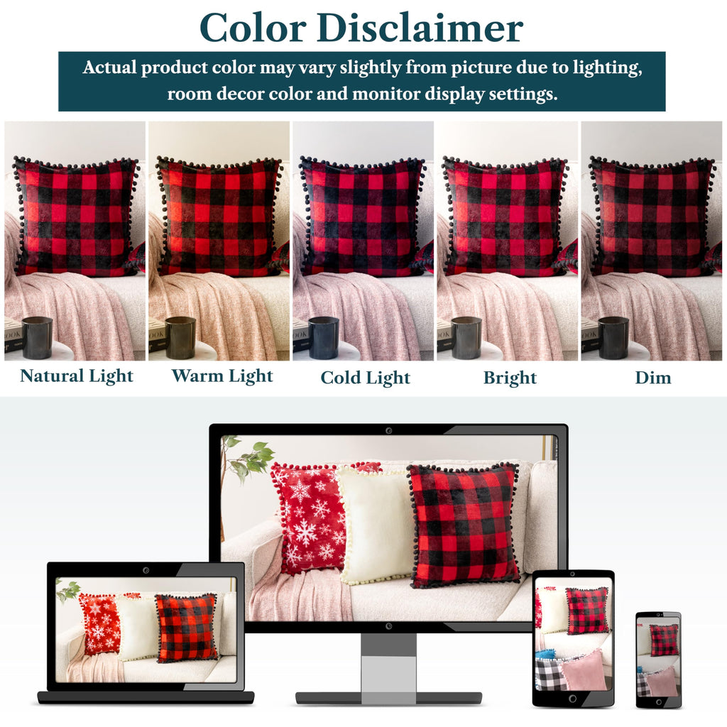 Plaid Red Decorative Throw Pillow Covers Pom Pom 18x18 Set of 2