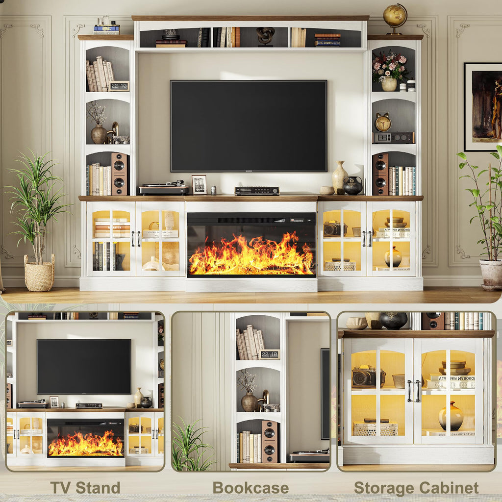 98" Farmhouse TV Stand with 36" Electric Fireplace, Bookshelves, Fits 75" TVs, Entertainment Center with Storage