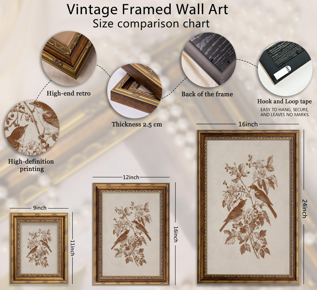 Vintage Gold Framed Canvas Wall Art Sketch Bird Painting Picture Wall Decor Botanical Flowers Sparrow Poster Print