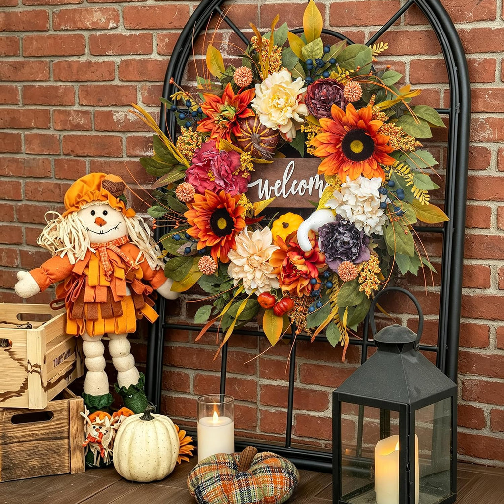 Artificial Harvest Fall Wreaths for Front Door 24 Inch Autumn Wreath
