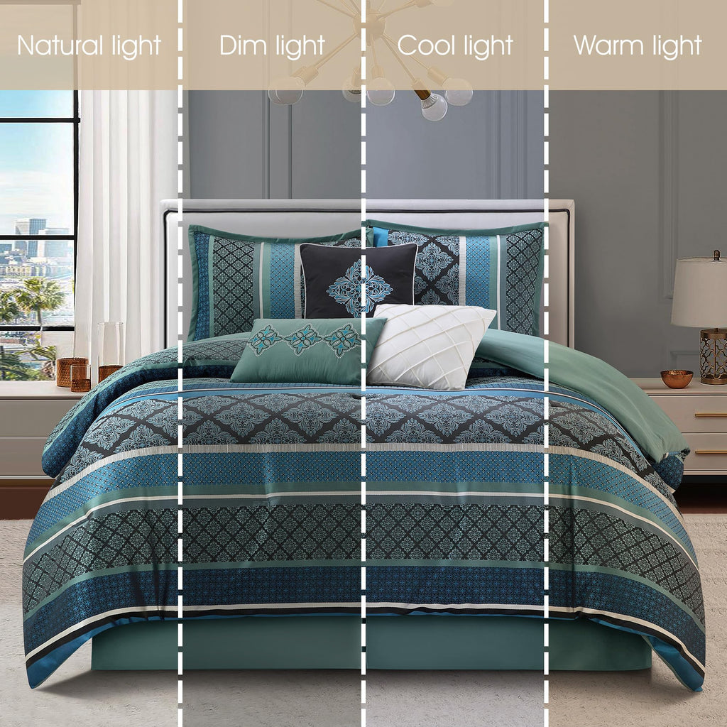 Blue Geometric Bed Comforter Queen Set, 7 Piece, Jacquard Ultra Soft, Premium Microfiber, Matching Shams, Bedskirt