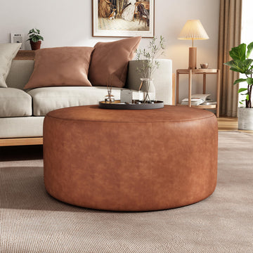 30.25" Modern Upholstered Round PU Leather Ottoman, Multifunctional Extra Seat, Side Table, Foot Rest, Stuffed Pouf