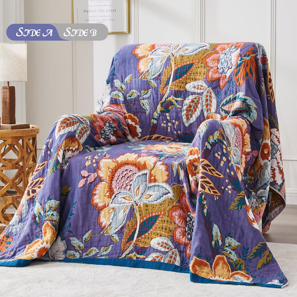 Boho Blanket Soft Muslin BohoThrow Blanket, 100% Cotton Floral Printed Farmhouse Decor All Season Reversible Rustic