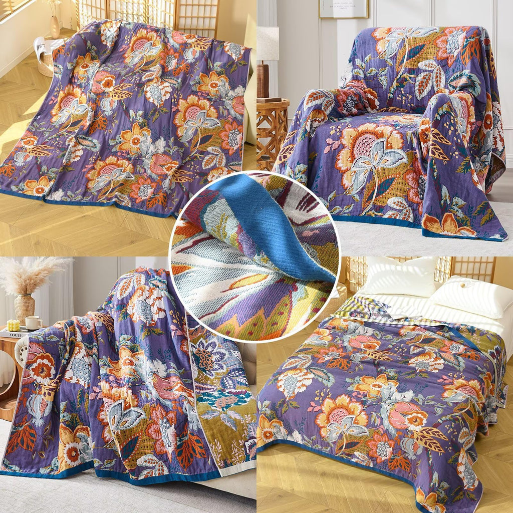 Boho Blanket Soft Muslin BohoThrow Blanket, 100% Cotton Floral Printed Farmhouse Decor All Season Reversible Rustic
