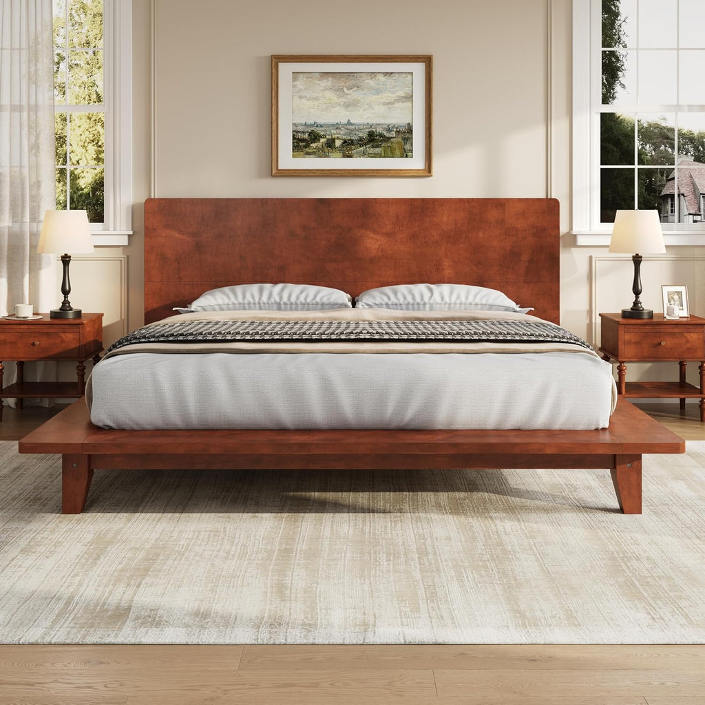 Mid-Century Full Size Wooden Bed Frames, Pine Wood Japanese Low Platform Bed with Brown Headboard, 7 inch Low Under