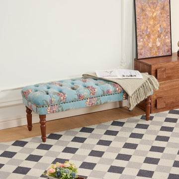 47" Tufted Floral Upholstered Entry Bench, Backless Padded Ottoman Benches with Turned Solid Wood Legs, Modern Indoor