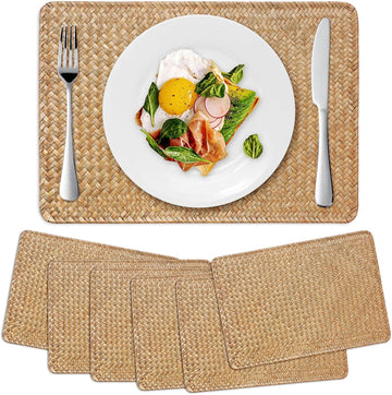 Woven Placemats, Rectangular Rattan Place mats, Natural Seagrass Placemats, Farmhouse Wicker Table Mats - Set of 6