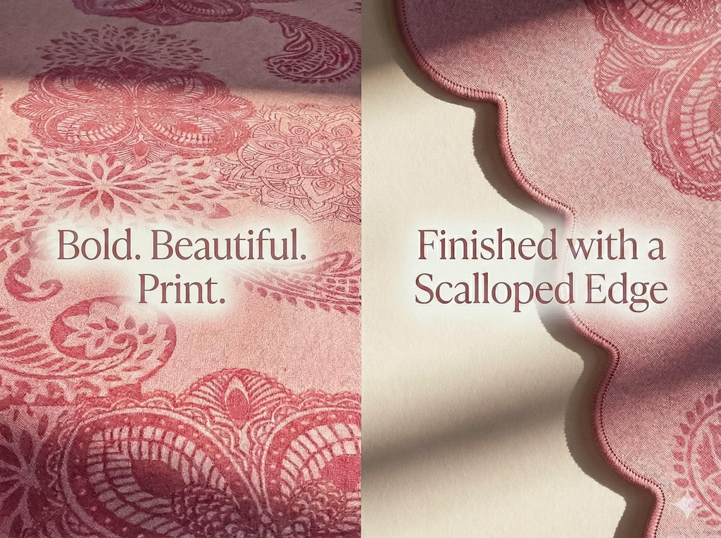 Cotton Damask Print Tablecloth with Scalloped Edge, Machine Washable, Onion Pink, 60 x 90 Inch Rectangle