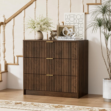 Fluted 3 Drawer Dresser, 31.5" Wide Chest of Drawers, Walnut