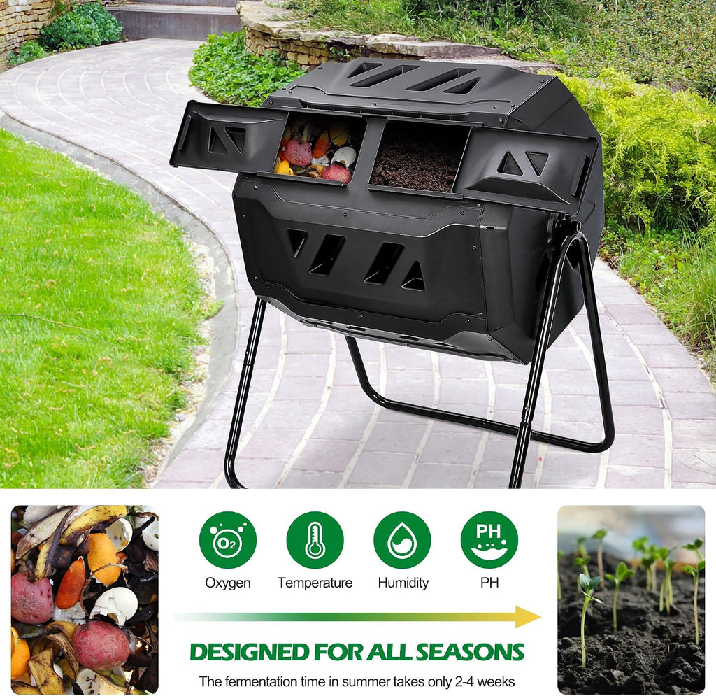 43 Gallon Compost Tumbler Bin Composter Dual Chamber BPA Free Compost Bin Outdoor Rotating Garden Yard Waste Bins