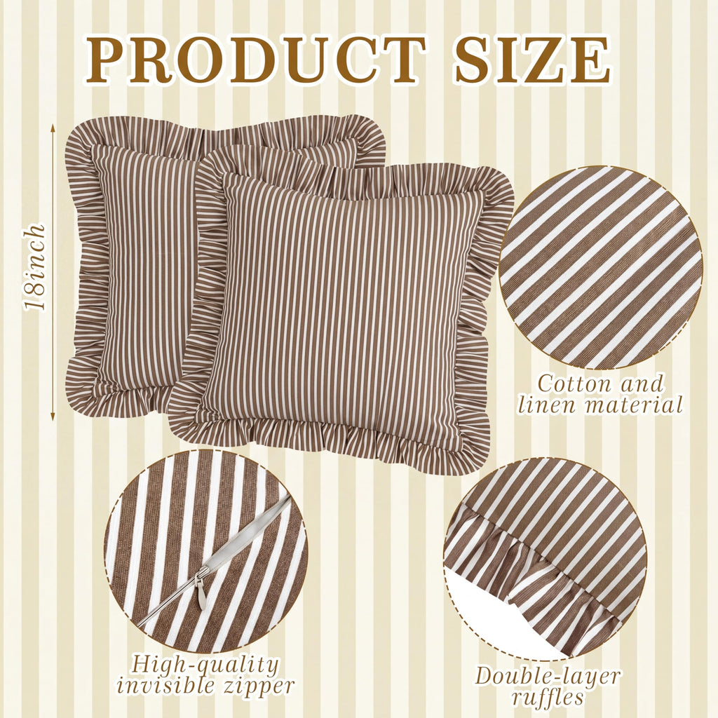 2 Pack Brown White Striped Ruffle Pillow Covers 18x18