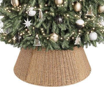28" Christmas Tree Collar, Woven Paper Rope Xmas Tree Skirt, Rustic | Rustic Farmhouse Tree Base Cover with Cord