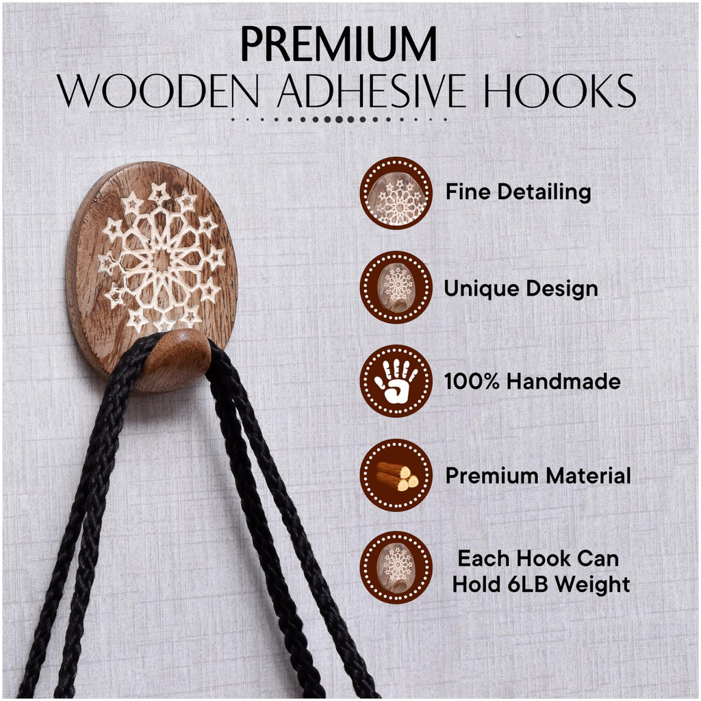 Brown Style 6 Wood Wall Hooks - 6 Pack, Handmade, Farmhouse Decor, 6 lb Capacity, No Drill, Adhesive Wall Mount, 6.5
