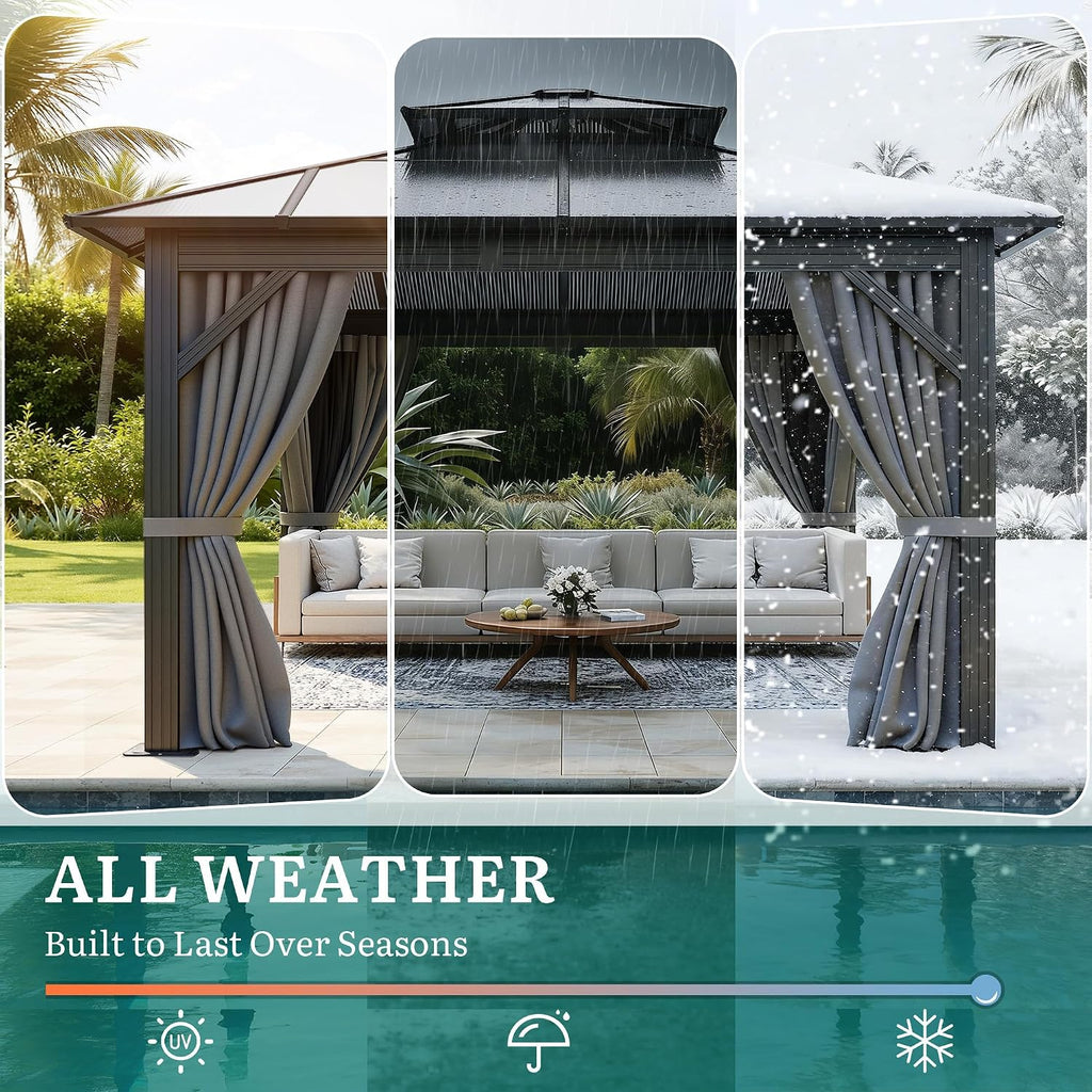 10x10FT Gazebo Polycarbonate Hardtop Double Roof Canopy Outdoor with Netting and Shaded Curtains
