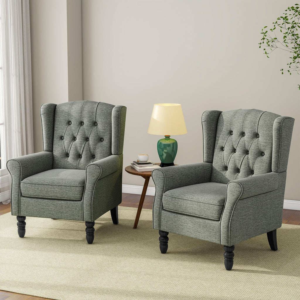 Chenille Wingback Accent Chair, Tufted High Back Armchair, Grey