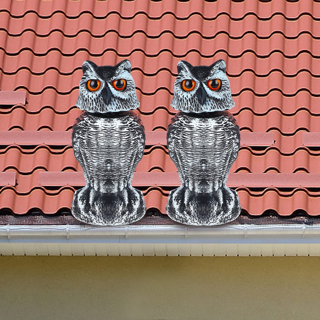 2 Pack Fake Owl Decoy Bird Scarecrow Sculpture, Rotating Head Plastic Owl Bird Deterrents, Nature Enemy Horned Pest