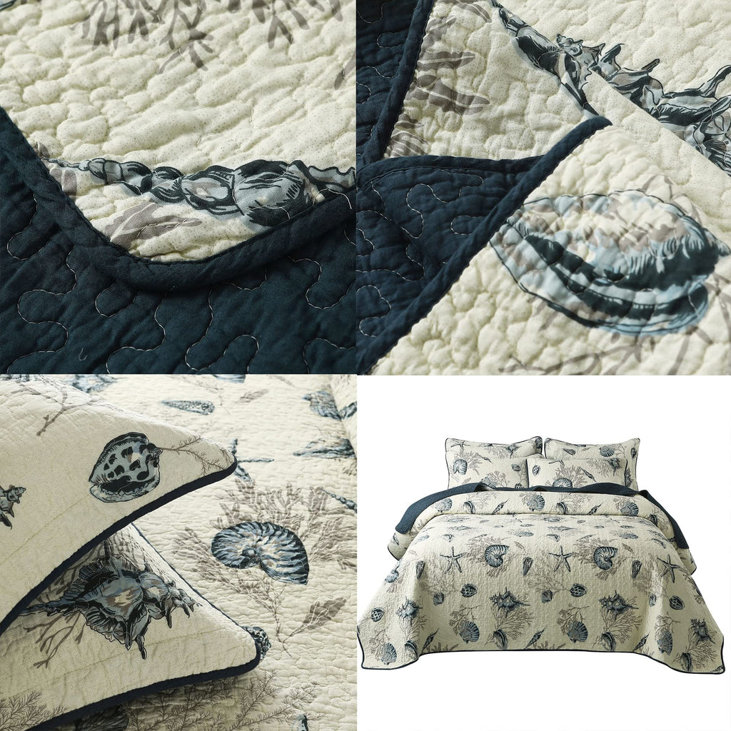 Ocean Comforter Sets 100% Cotton Lightweight Quilt Set Coverlet Sets Navy Coastal Bedding 2-Piece