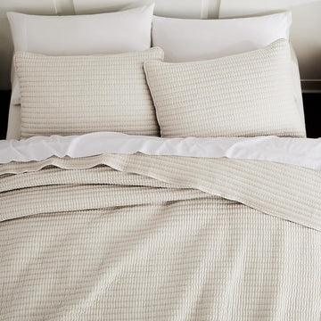 Beige Pick Stitch Queen Quilt Set, Striped Lightweight Soft Summer Spring Bedspread, Bamboo Linen Like Textured