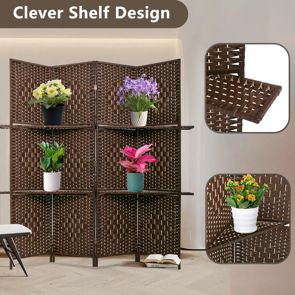 4 Panel Folding Room Divider with Shelves | 5.9ft, Dark Brown