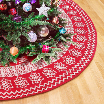 Knitted Christmas Tree Skirt,48 Inch Snowflakes Knit Christmas Tree Skirt Red Burgundy Tree Skirt Cable Knit Xmas