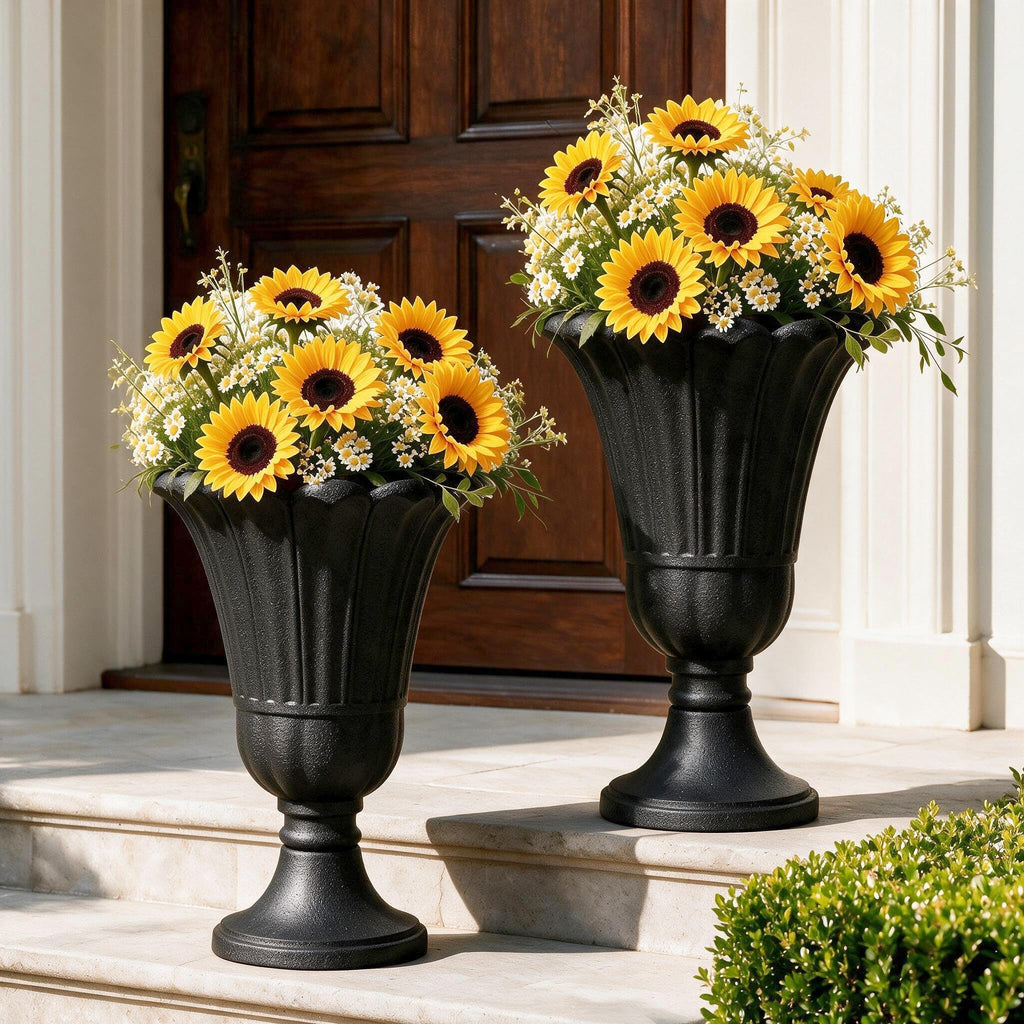 24" Tall Urn Planters for Outdoor Plants Set of 2 - Black Petal