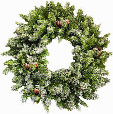 36" Frosted Pine Wreath Door Hanging with Pinecones, No Lights, FFWRA036-0SN, Snow
