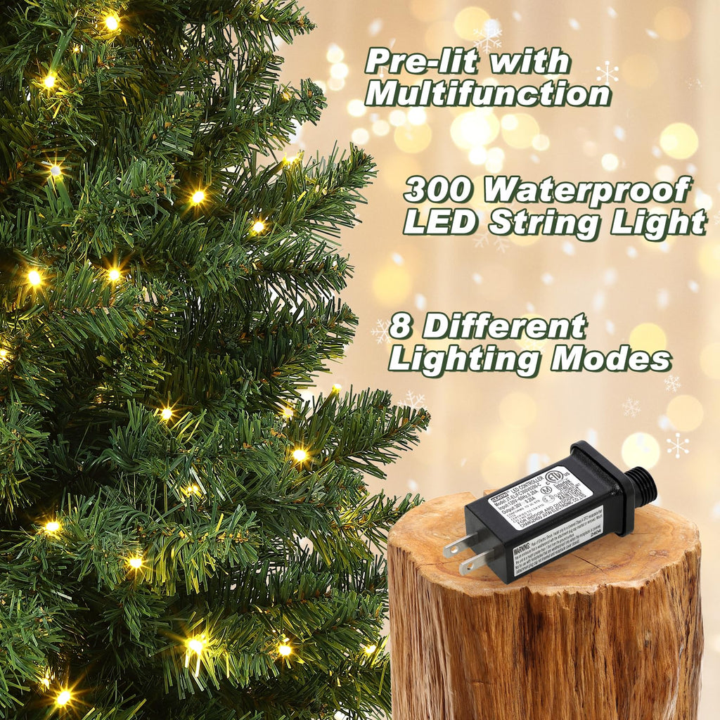 4.5 ft Artificial Fiber Optic Christmas Tree, Pre-Lit Artificial Potted Xmas Tree with 300 Led Lights, 8 Lighting