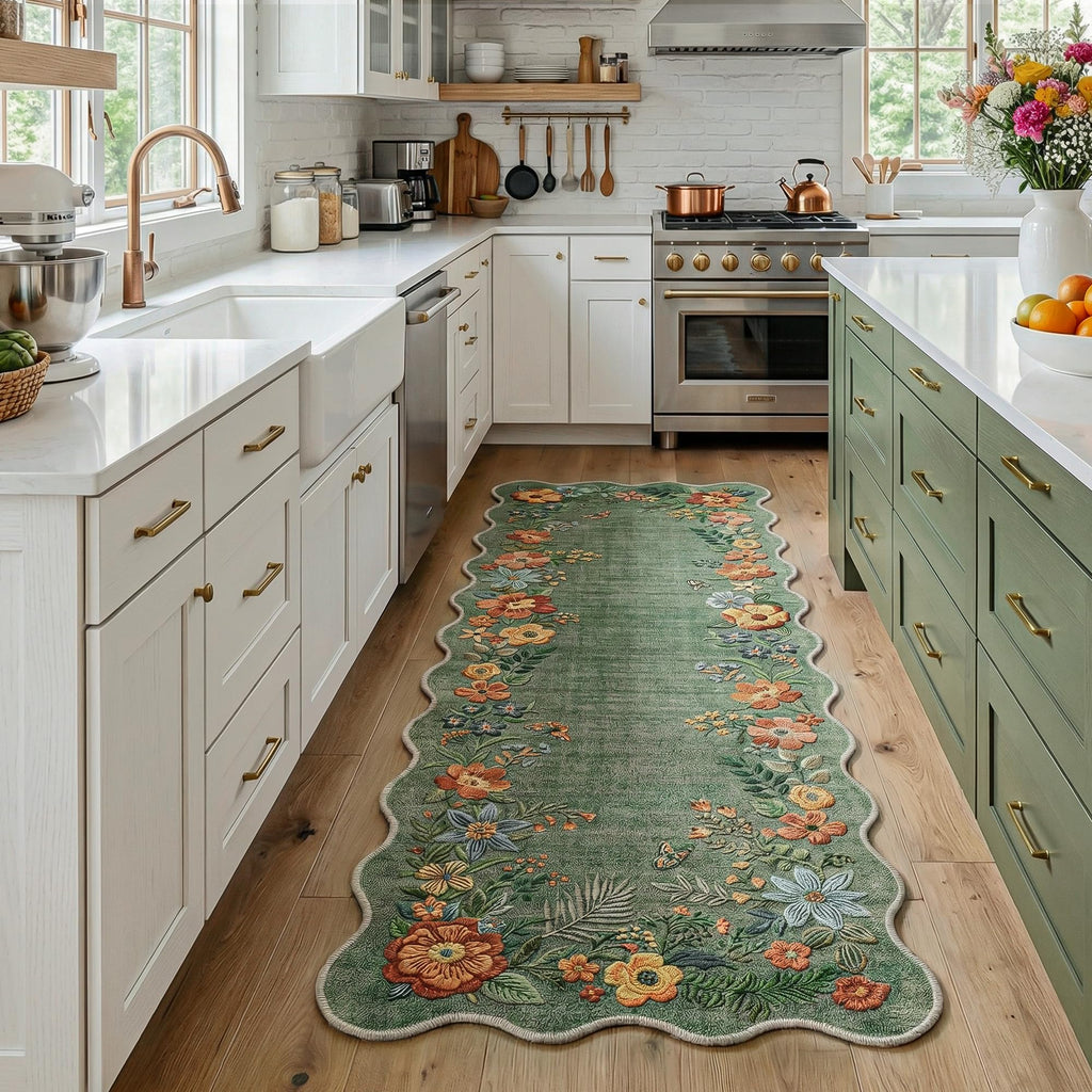 Hallway Runner Rug Washable Sage Green Floral Scalloped Boho