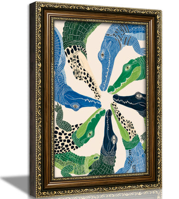 Vintage Gold Framed Animal Wall Art, Crocodile Painting Canvas Printing