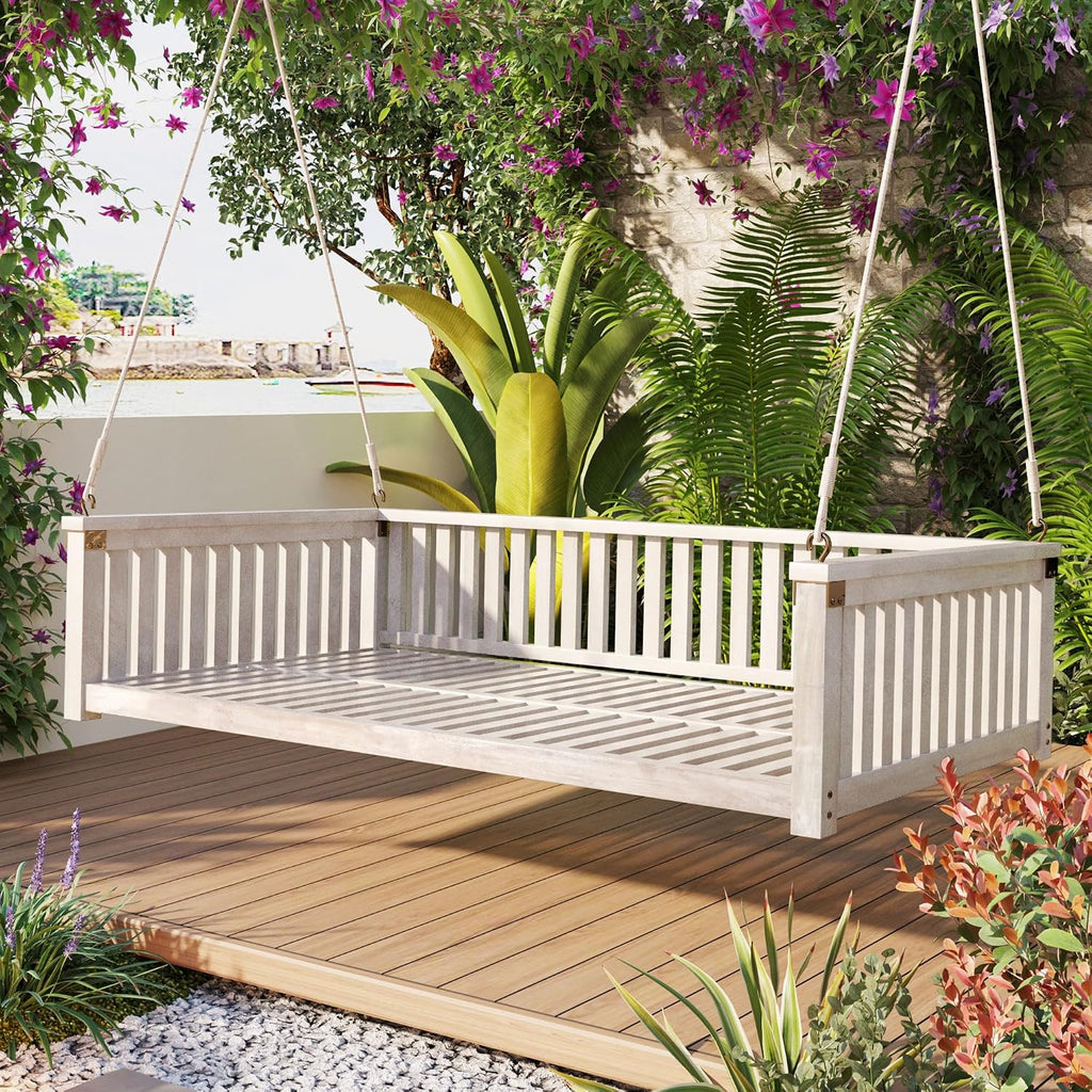 Twin Size Acacia Wood Porch Swing Bed with 4 Heavy Duty Ropes,Hanging Daybed Swing Bench for 2 People, 350 LBS