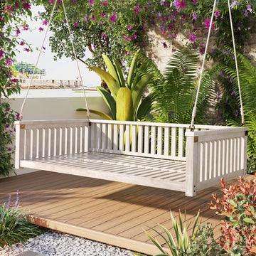79" Acacia Solid Wood Porch Swing Bed Twin Size Hanging Daybed with Hemp Ropes, Classic Patio Backyard Outdoor Wooden