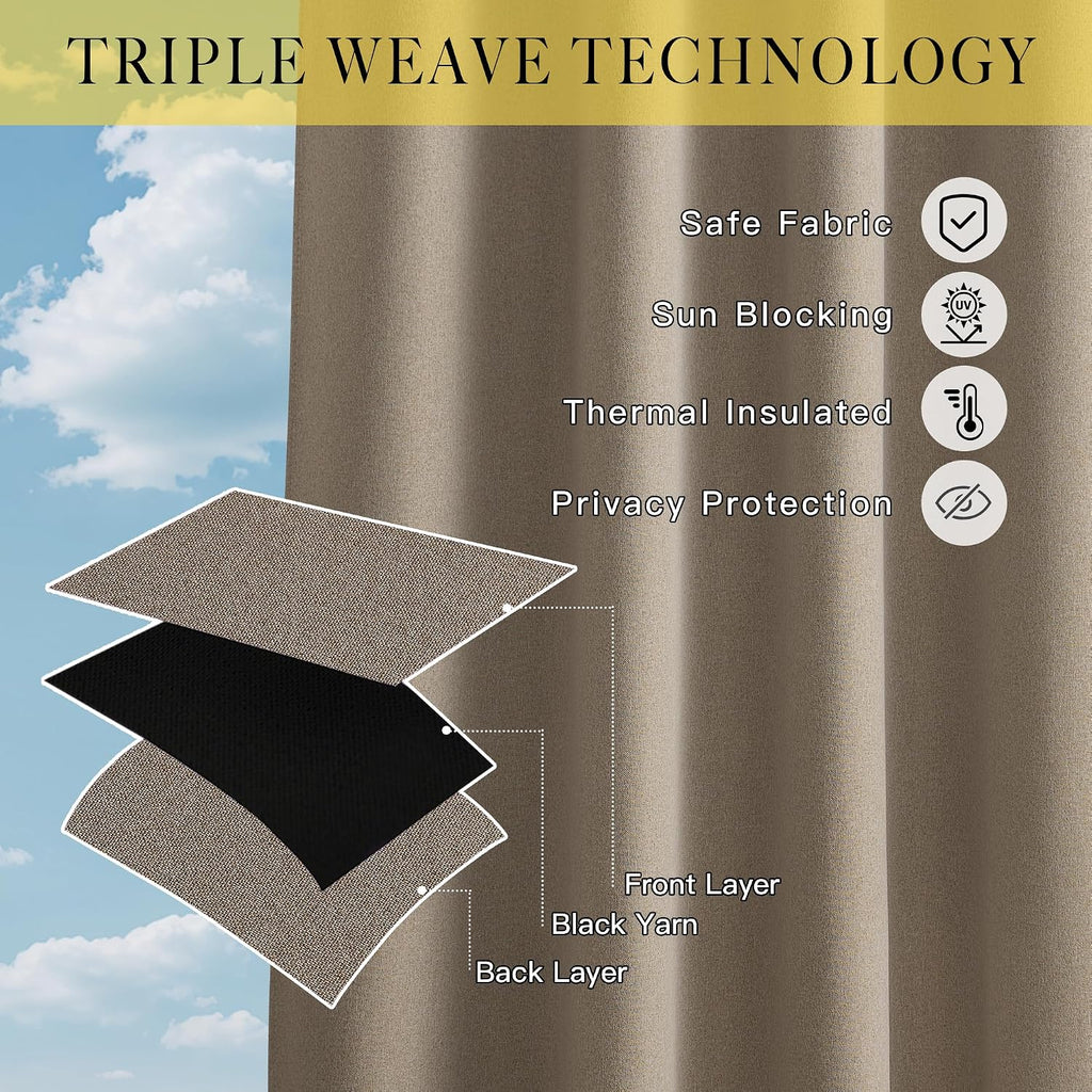 Outdoor Curtains Waterproof, Thermal Insulated Linen Textured 100% Blackout Outside Drapes for Gazebo, Privacy Sun