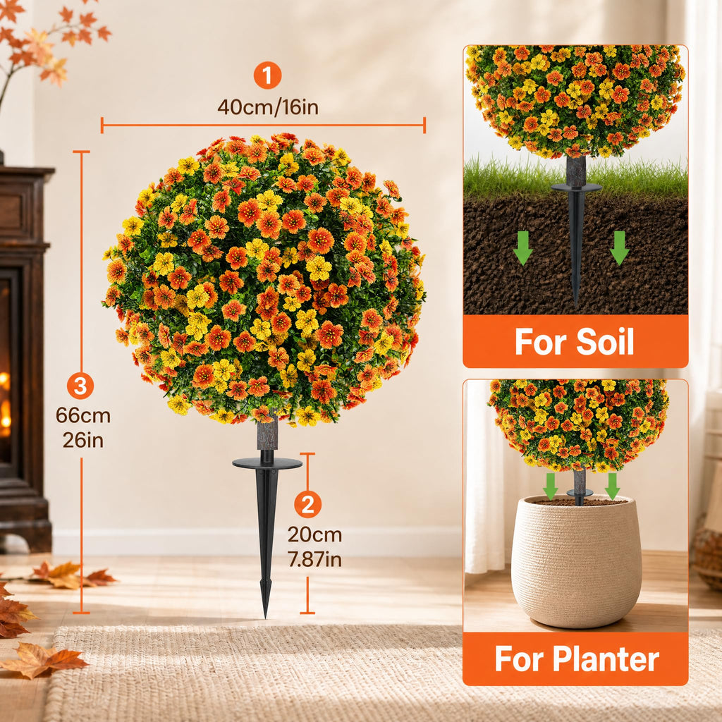 27.5" Fall Artificial Topiary Ball Flowers, Set of 2 Fake Bushes Shrubs with Ground Spike, UV Resistant Faux