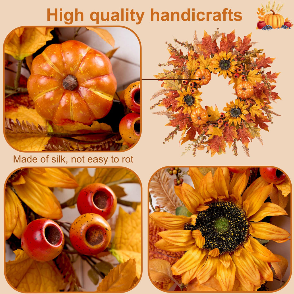 Fall Wreaths for Front Door 24 Inch Fall Wreath with Pumpkins Sunflowers Maple Leaves and Orange Red Berries Autumn