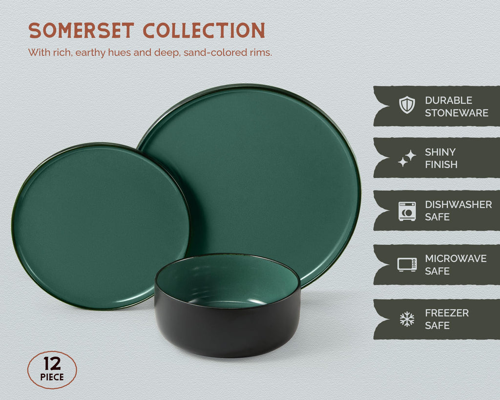 Dinnerware Set, 12 Piece Service for 4, Ceramic 10.5" Dinner Plates, 8.2" Salad Plates and 20 oz Bowls, Stoneware