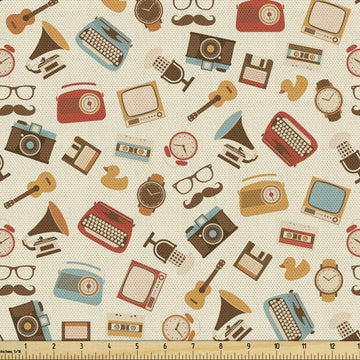 Vintage Fabric by The Yard, Retro Pattern Old Fashioned Alarm Clock Typewriter Gramophone Radio Cassette, Decorative