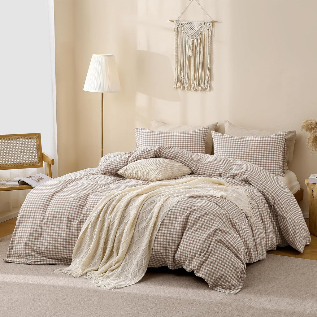 Tan Gingham Duvet Cover Bedding Set 100% Washed Cotton Like Linen Feel Super Soft Comfy 3 Piece Brown Vintage Plaid