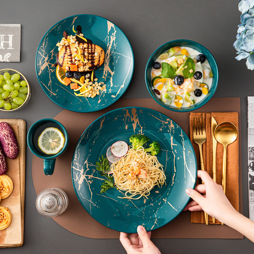Porcelain Dinnerware Sets for 4, 16 PCS Plates and Bowls Set, Color Glaze with Gold Plate Dish Set, Dinner Sets with